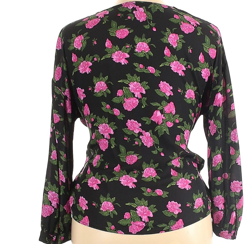 WHO WHAT WEAR Floral Black and Pink Rose Wrap Blouse - Picture 3 of 12